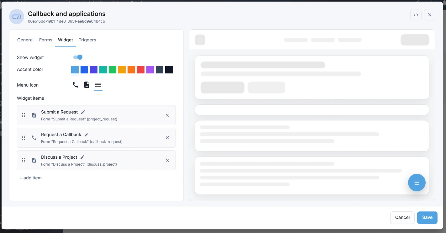 Embed card, widget tab