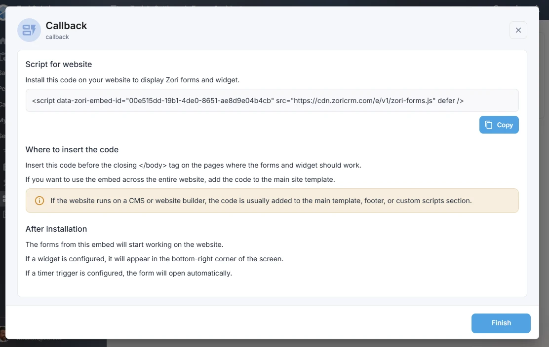 Form wizard - final step with publishing instructions