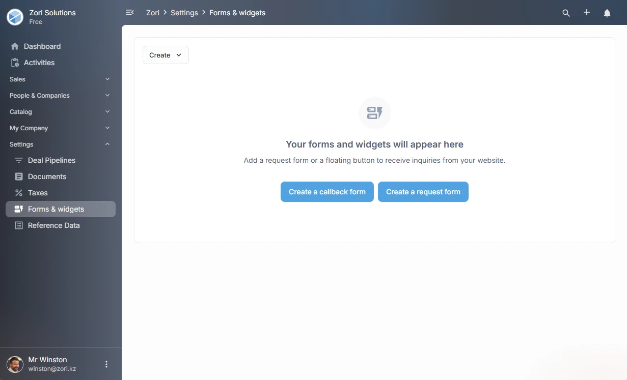 Forms and Widgets section in ZoriCRM