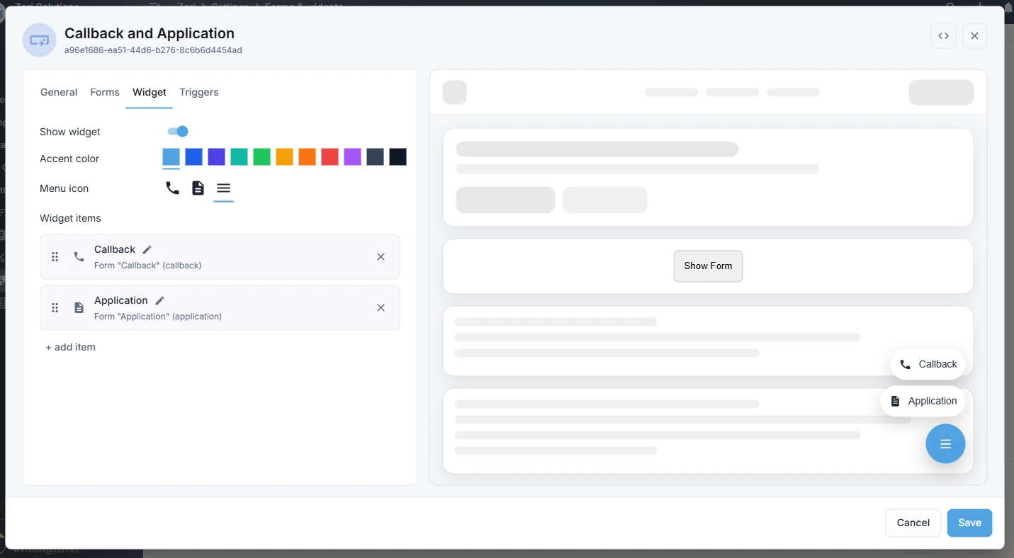Widget editor ZoriCRM