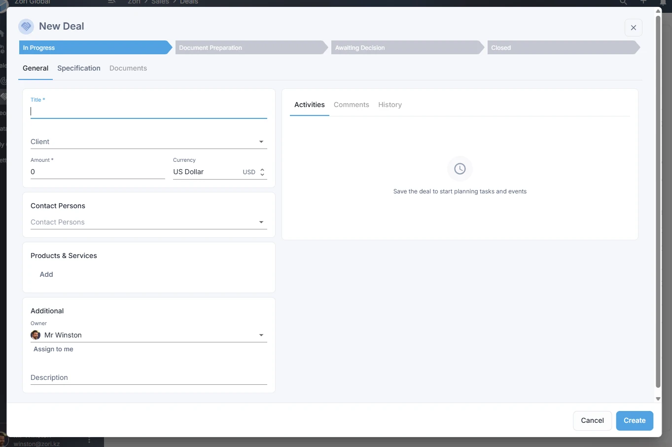 Create deal form in ZoriCRM