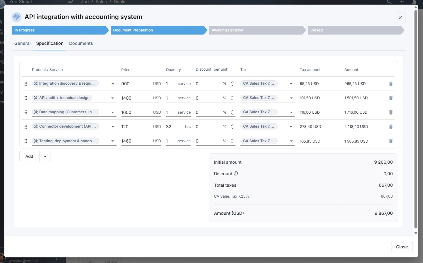 Deal specification in ZoriCRM