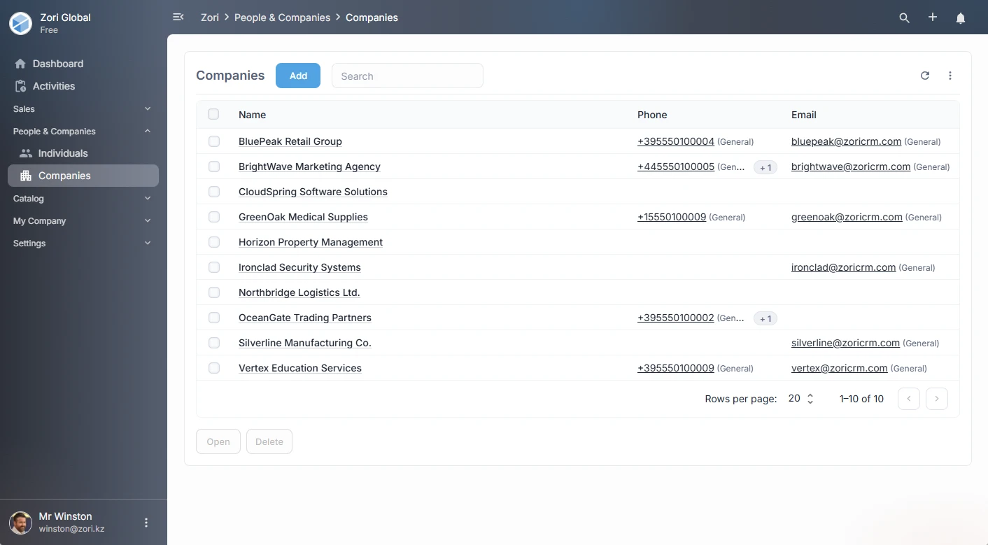 Companies list in ZoriCRM