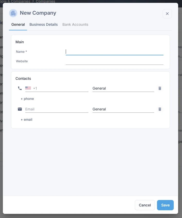 Add company form in ZoriCRM