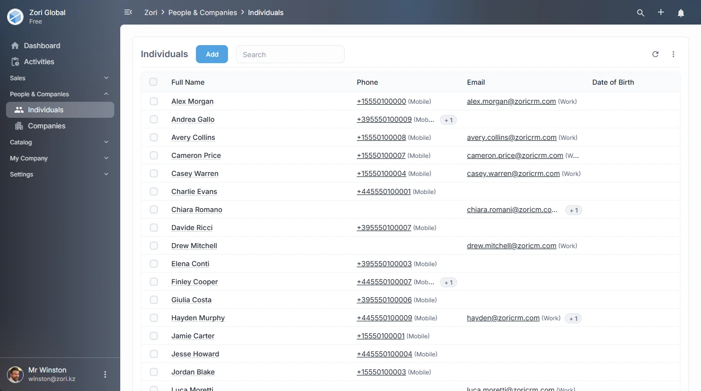 Individuals list in ZoriCRM