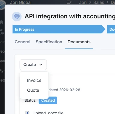 Create document button in ZoriCRM