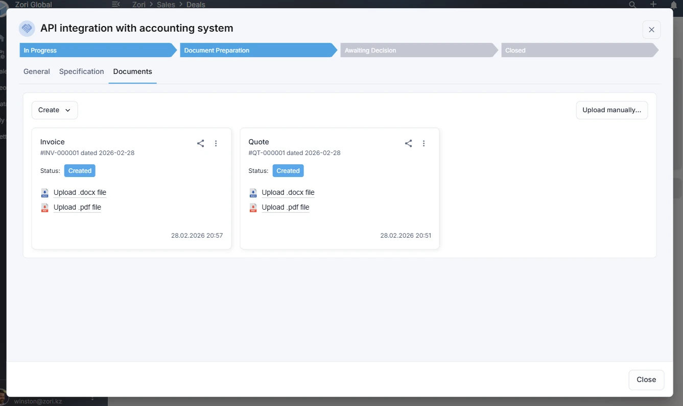 Documents tab in a ZoriCRM deal