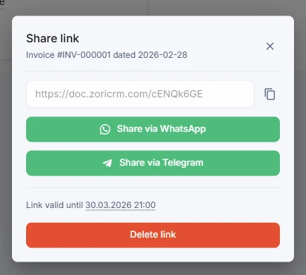 Share document dialog in ZoriCRM