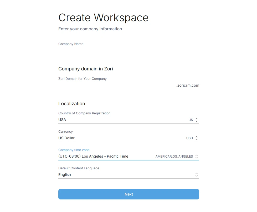 Company setup in ZoriCRM