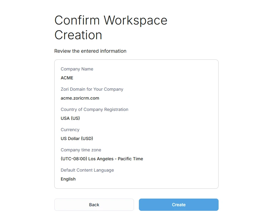 Confirm company setup in ZoriCRM