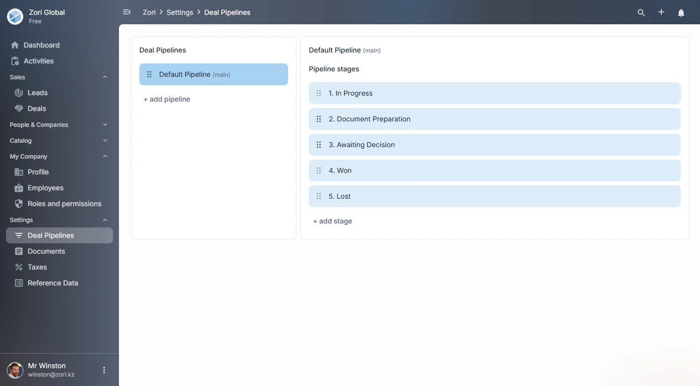 Pipeline settings in ZoriCRM